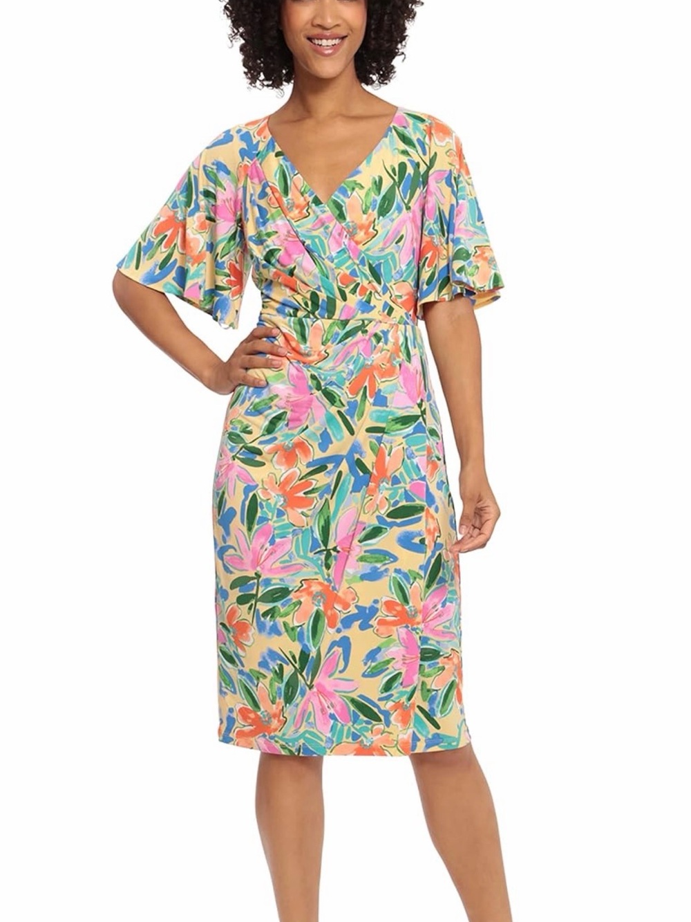 NWT Maggy London Floral Short Flutter Sleeve Wrap Faux Midi Dress yellow pink, 8